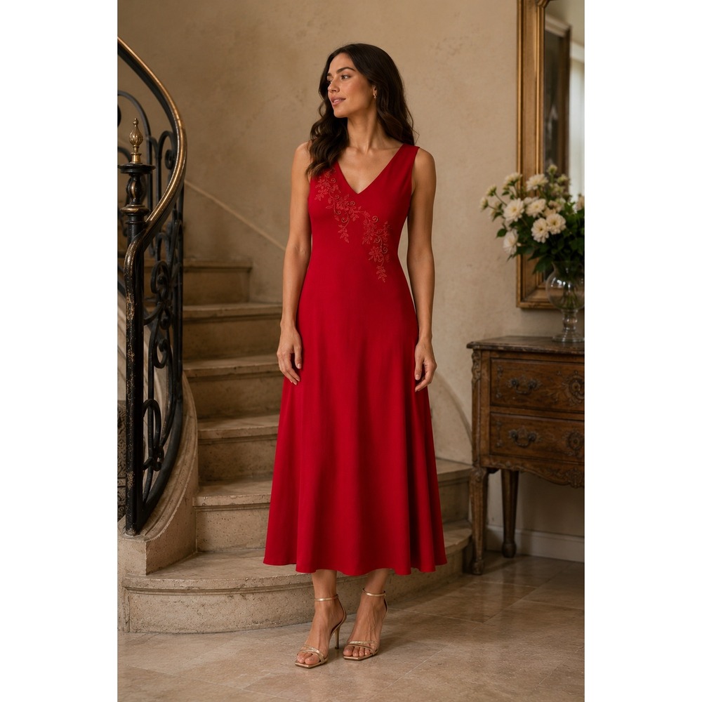 Amanda Smith Red Beaded Floral Midi Dress Size 8 V-Neck Fit & Flare